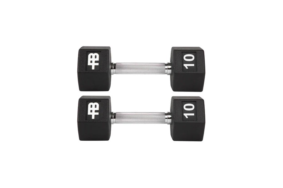 Pair of black dumbbells with 10-pound weight markings and chrome handles on white background