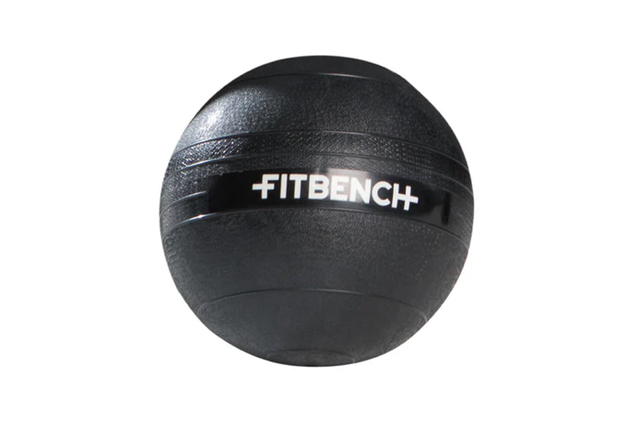 Black medicine ball with white Fitbench branding, isolated on white background