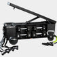 Black FITBENCH weight bench with numbered dumbbell storage, hinged seat back, attached suspension straps and neon green handl