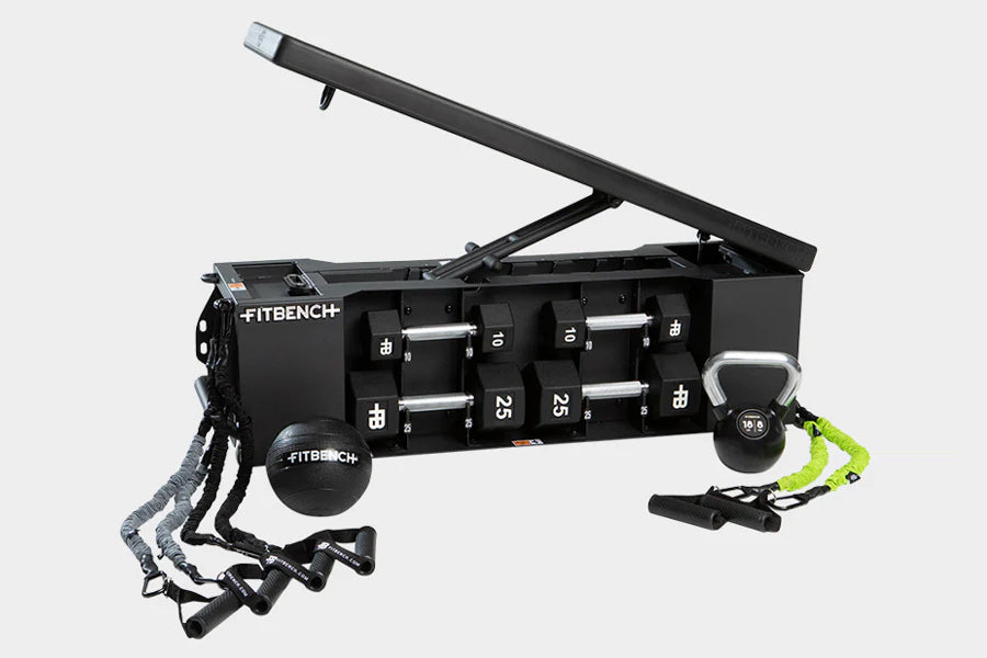 Black FITBENCH weight bench with numbered dumbbell storage, hinged seat back, attached suspension straps and neon green handl