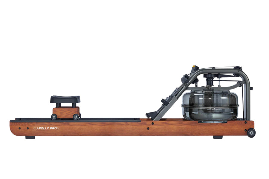 Apollo Pro rowing machine with wood base and black frame, featuring slide carriage seat and water resistance tank, side view 
