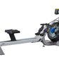 Fluid Rower E350 with gray frame, black seat, large blue flywheel, and digital monitor on mounting arm, on white background