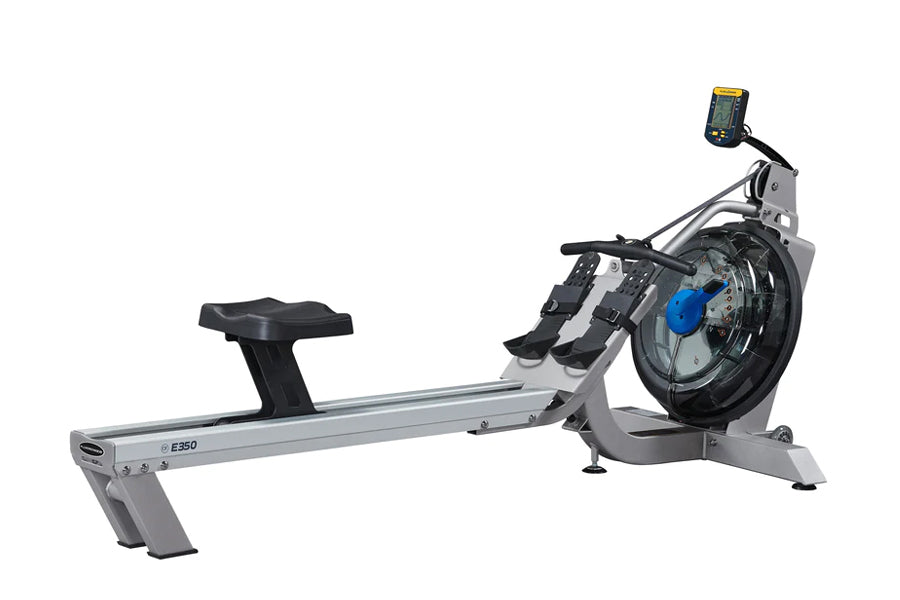 Fluid Rower E350 with gray frame, black seat, large blue flywheel, and digital monitor on mounting arm, on white background