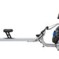 Fluid Rower E350 with silver frame, black seat and handles, digital display, and tablet holder on white background