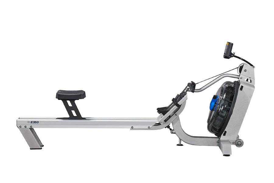 Fluid Rower E350 with silver frame, black seat and handles, digital display, and tablet holder on white background