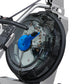 Fluid Rower E350 with silver frame, black handle, and blue resistance mechanism visible through clear cover on white backgrou