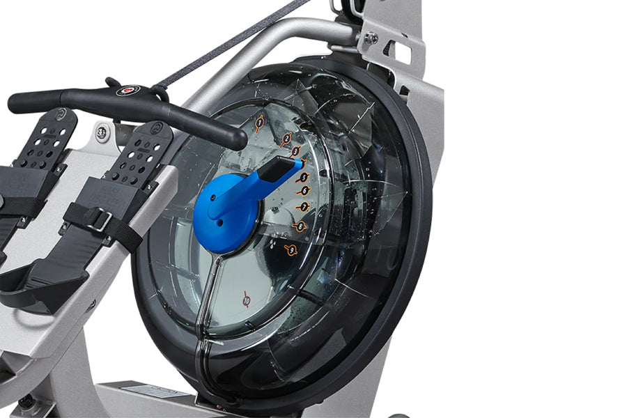 Fluid Rower E350 with silver frame, black handle, and blue resistance mechanism visible through clear cover on white backgrou