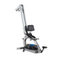 Fluid Rower E350 with white and black frame, blue accents, digital display monitor, and padded seat on white background