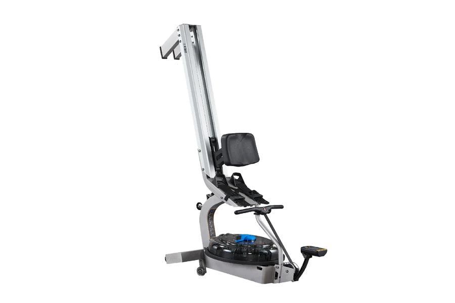 Fluid Rower E350 with white and black frame, blue accents, digital display monitor, and padded seat on white background