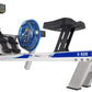 FluidRower E-520 commercial fluid rower with blue wheel, black seat and handles, digital console, on white background