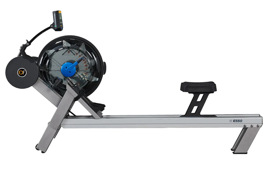 FluidRower E550 rowing machine with black and gray frame, blue resistance dial, and digital monitor on white background