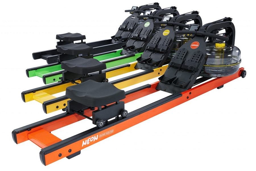 Neon Pro V Reserve fluid rower with orange base, four adjustable black seats with colored rails in green, yellow, and orange 