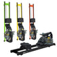 Three neon-colored fluid rowing machines in green, yellow, and red with black seats and footplates, displayed vertically alon