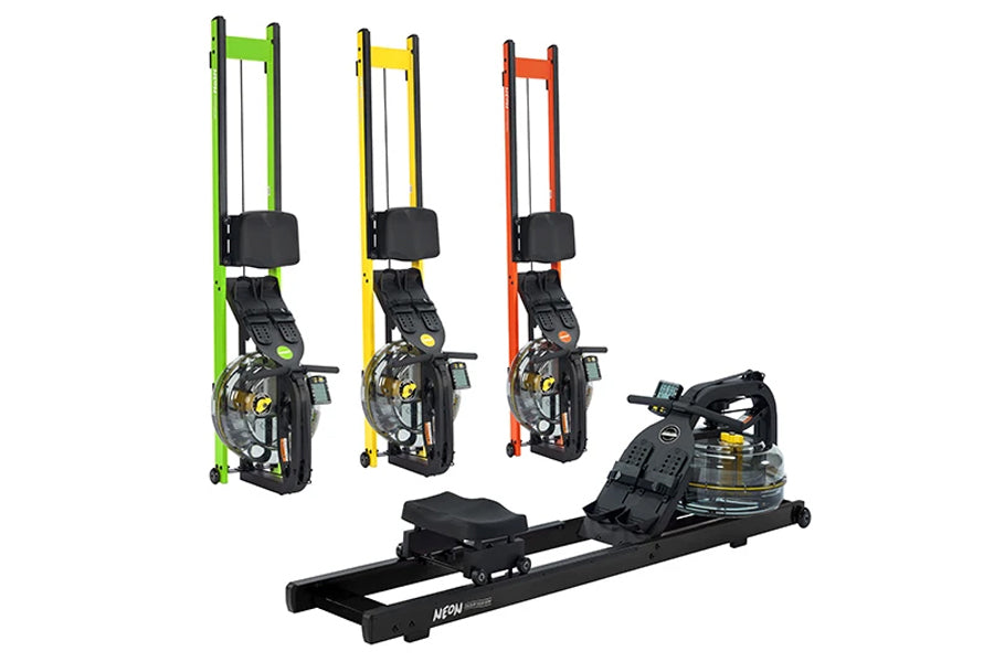 Three neon-colored fluid rowing machines in green, yellow, and red with black seats and footplates, displayed vertically alon