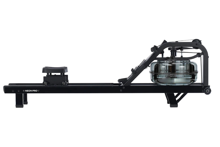 Black fluid rowing machine with transparent water tank on right side, footrest on left, displayed on white background