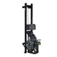 Black fluid rowing machine with tall frame, padded seat, and resistance wheel on white background