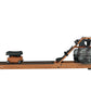 Viking 2 Plus brown wood rowing machine with black seat, footrest, and water resistance tank, side view on white background