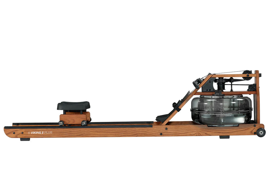 Viking 2 Plus brown wood rowing machine with black seat, footrest, and water resistance tank, side view on white background