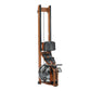 Brown wood frame fluid rower with black seat, footrest, and resistance wheel on white background