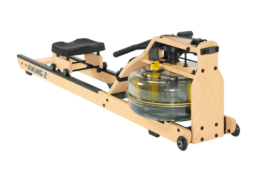 Natural wood and black fluid rowing machine with black padded seat and handle, clear water resistance chamber with yellow acc