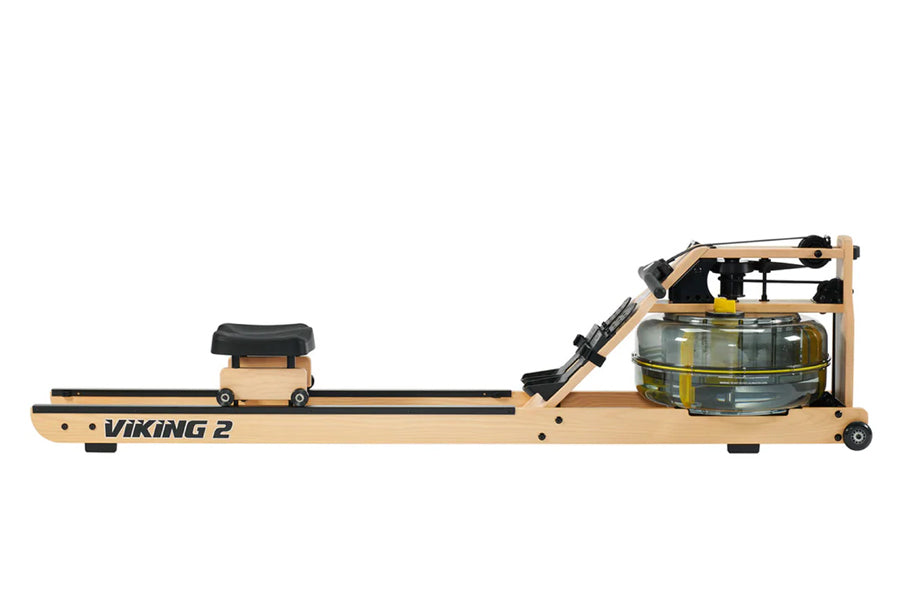 Viking 2 Plus Select fluid rower with light wood frame, black seat, and water resistance tank on white background