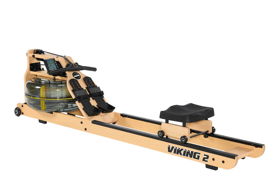 FluidRower Viking 2 Plus Select fluid rower with natural wood frame, black footplate, and water resistance tank on white back