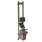 Wooden frame vertical rowing machine with dark padded seat, black footrest, and large circular water resistance chamber, disp