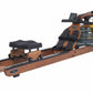 Water rowing machine with wooden frame, black seat, and water tank, shown on white background