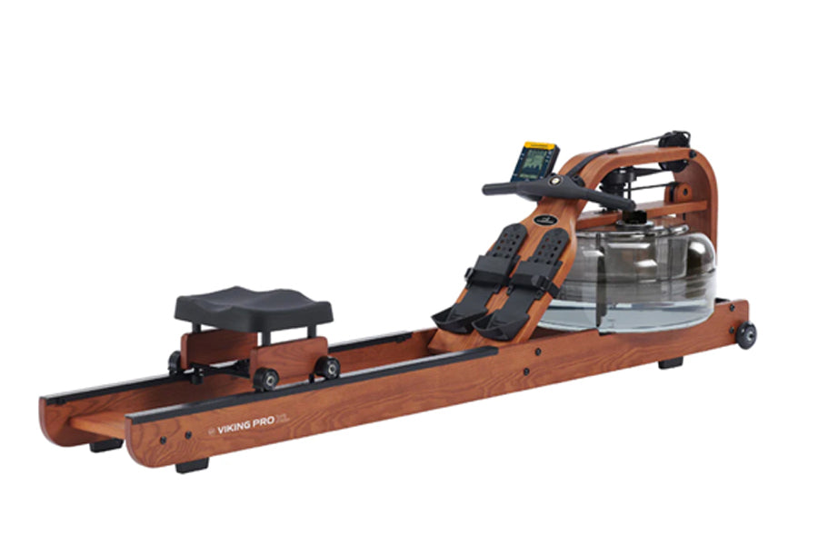 Viking Pro XL brown fluid rowing machine with black seat, digital monitor, and water resistance tank on white background
