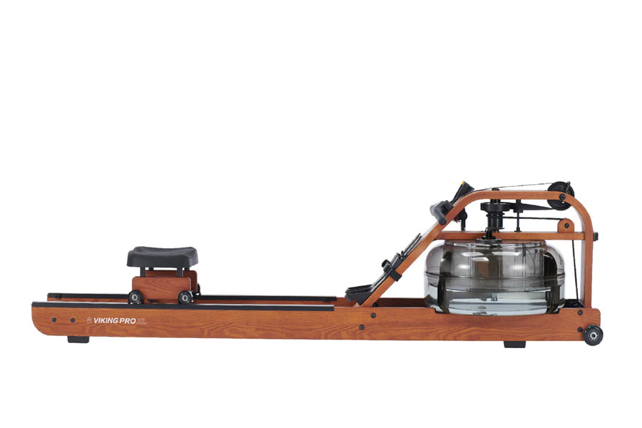 Viking Pro XL brown wood rowing machine with black accents, water resistance tank, and sliding seat on white background