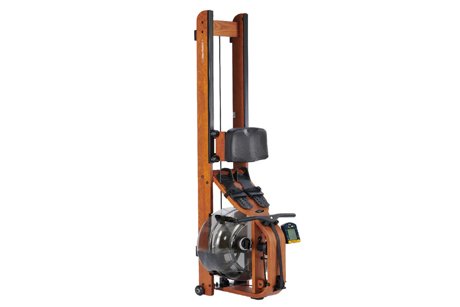 FluidRower Viking Pro XL brown wooden rowing machine with black footrest and seat on white background