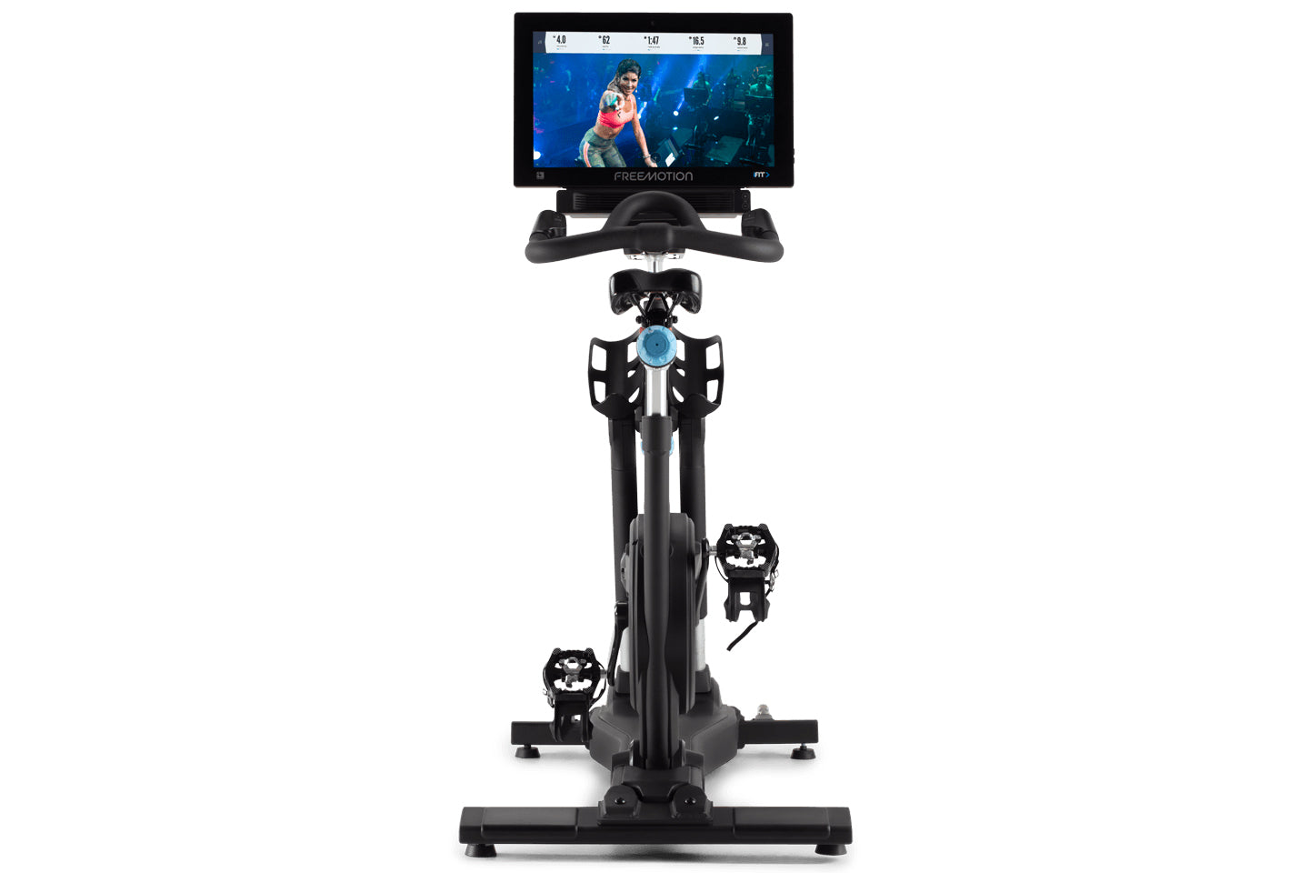 Freemotion CoachBike stationary exercise bike with black frame, handlebars, pedals with straps, blue resistance knob, and tou