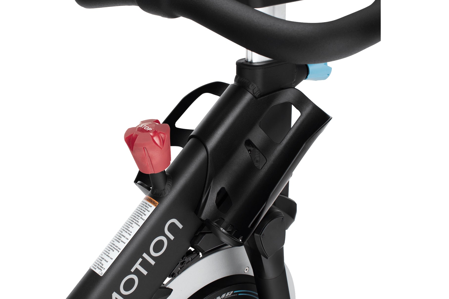 Black and white stationary indoor exercise bike with red resistance knob and blue indicator light on frame