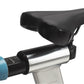 Black padded saddle with stainless steel and black frame base with blue adjustment knob on white background
