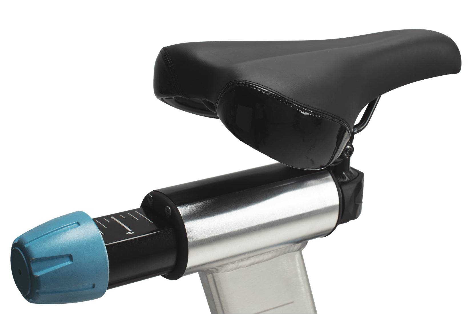 Black padded saddle with stainless steel and black frame base with blue adjustment knob on white background