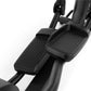 Black elliptical machine with ribbed foot pedals and adjustable stride, shown at angle on white background