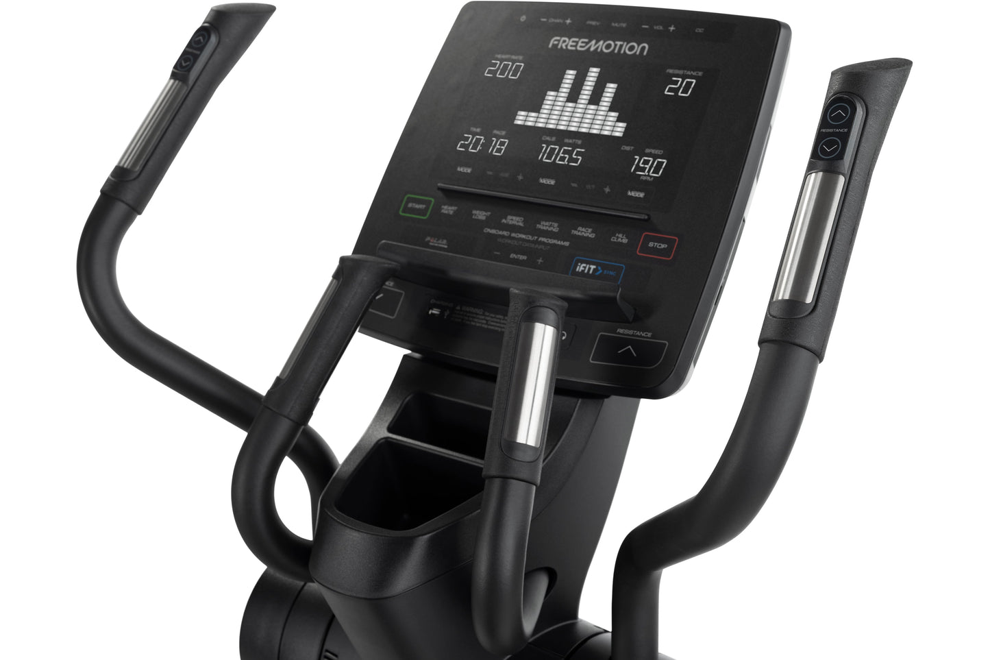 Freemotion e10.9b black elliptical machine with digital display showing metrics and dual handles, front view on white backgro