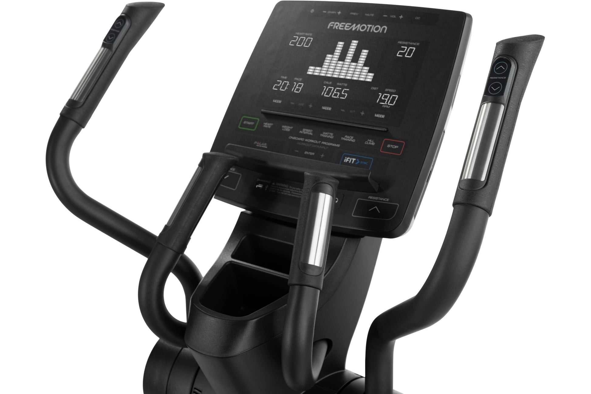 Freemotion e10.9b black elliptical machine with digital display showing metrics and dual handles, front view on white backgro