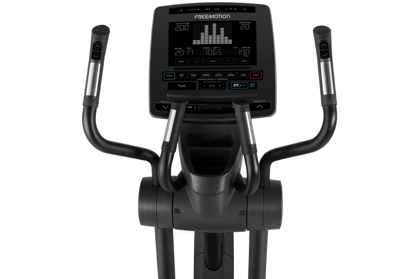 Freemotion e10.9b black elliptical machine with digital console display and dual handles, front view on white background