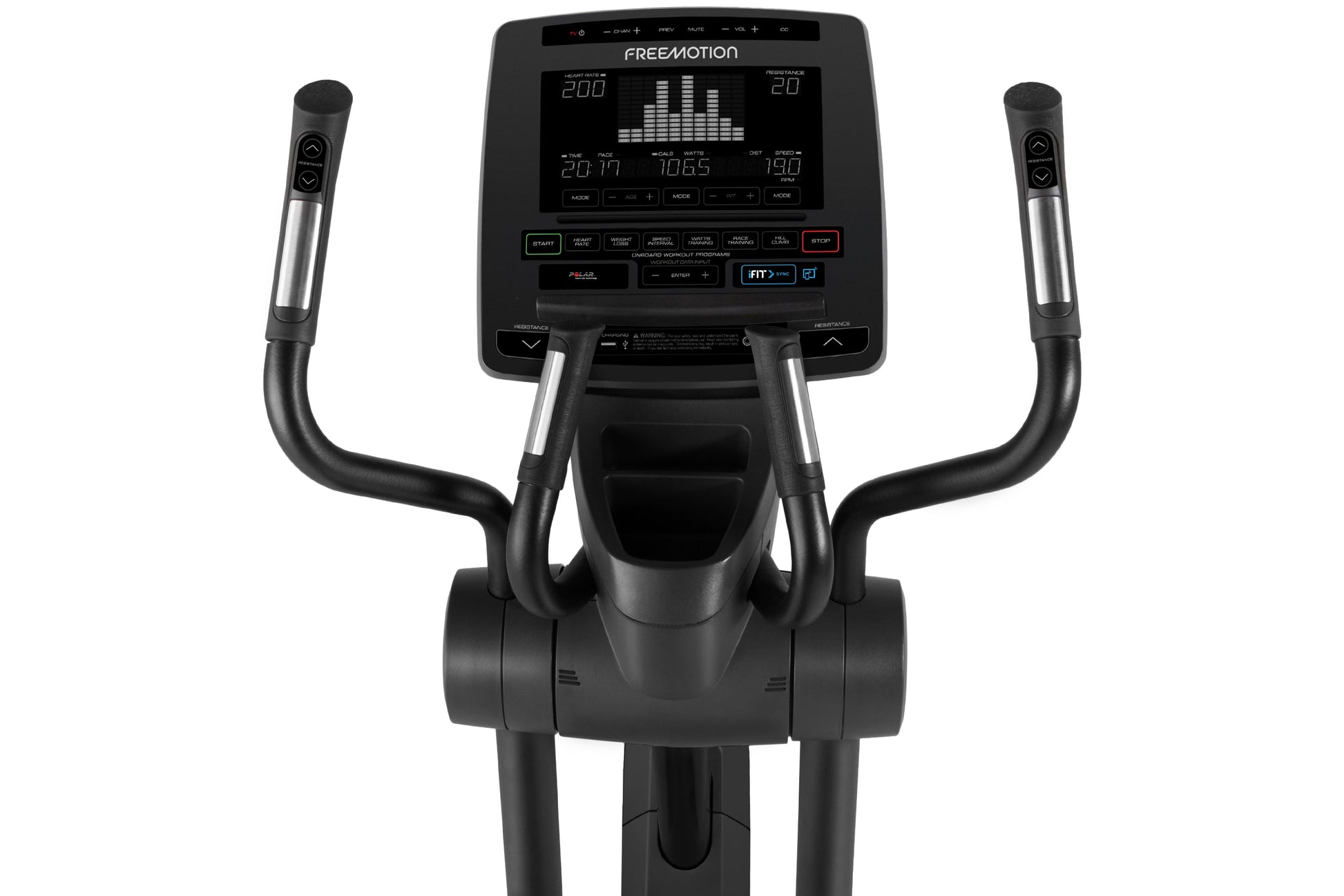 Freemotion e10.9b black elliptical machine with digital console display and dual handles, front view on white background