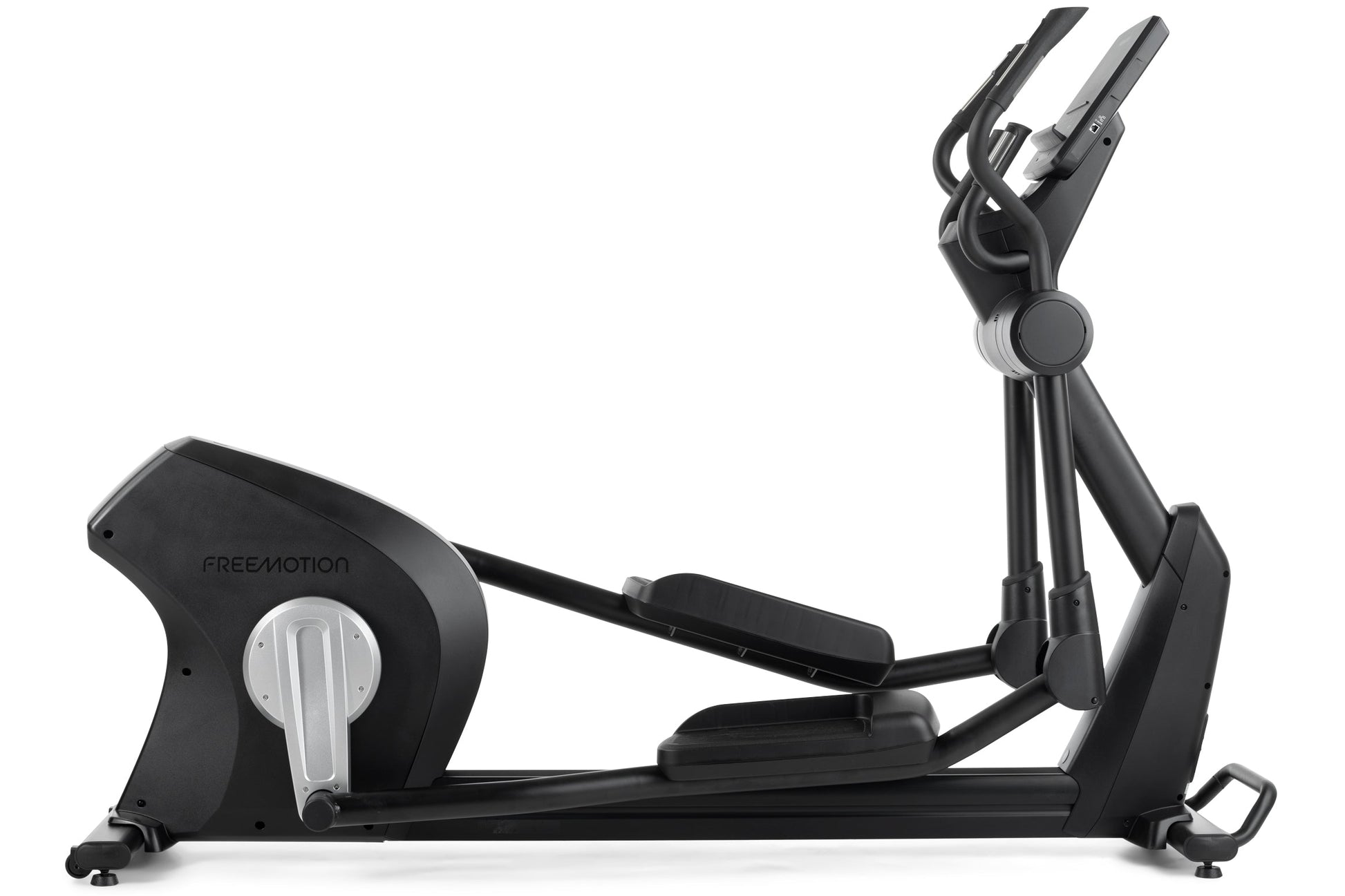 Freemotion e10.9b elliptical machine with black frame, silver accents, dual handle arms, and foot pedals on white background