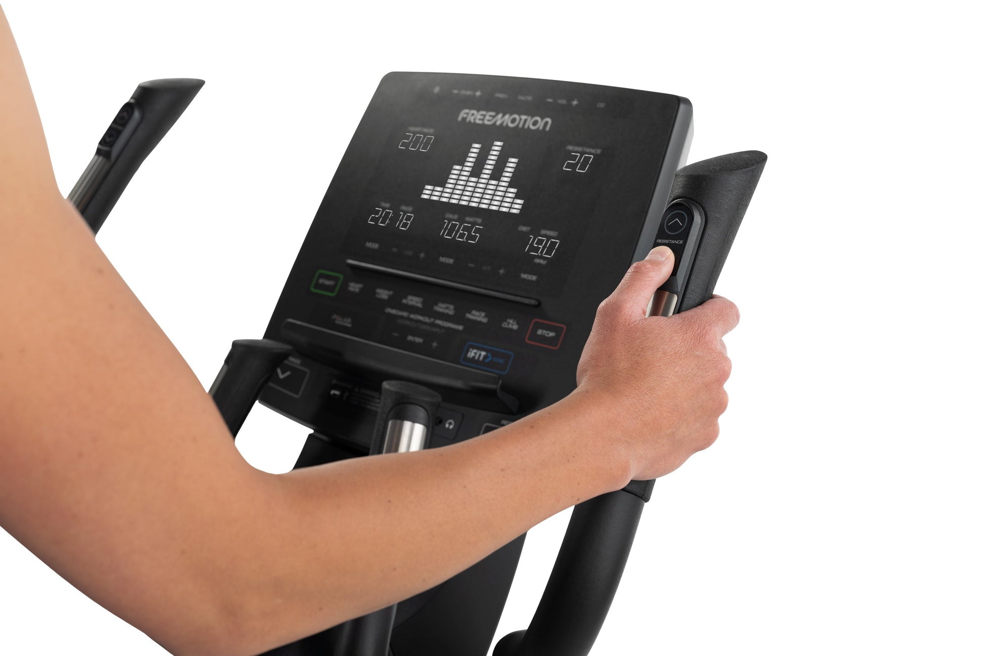 Freemotion e10.9b black elliptical machine console with digital display, held by model's hand on white background