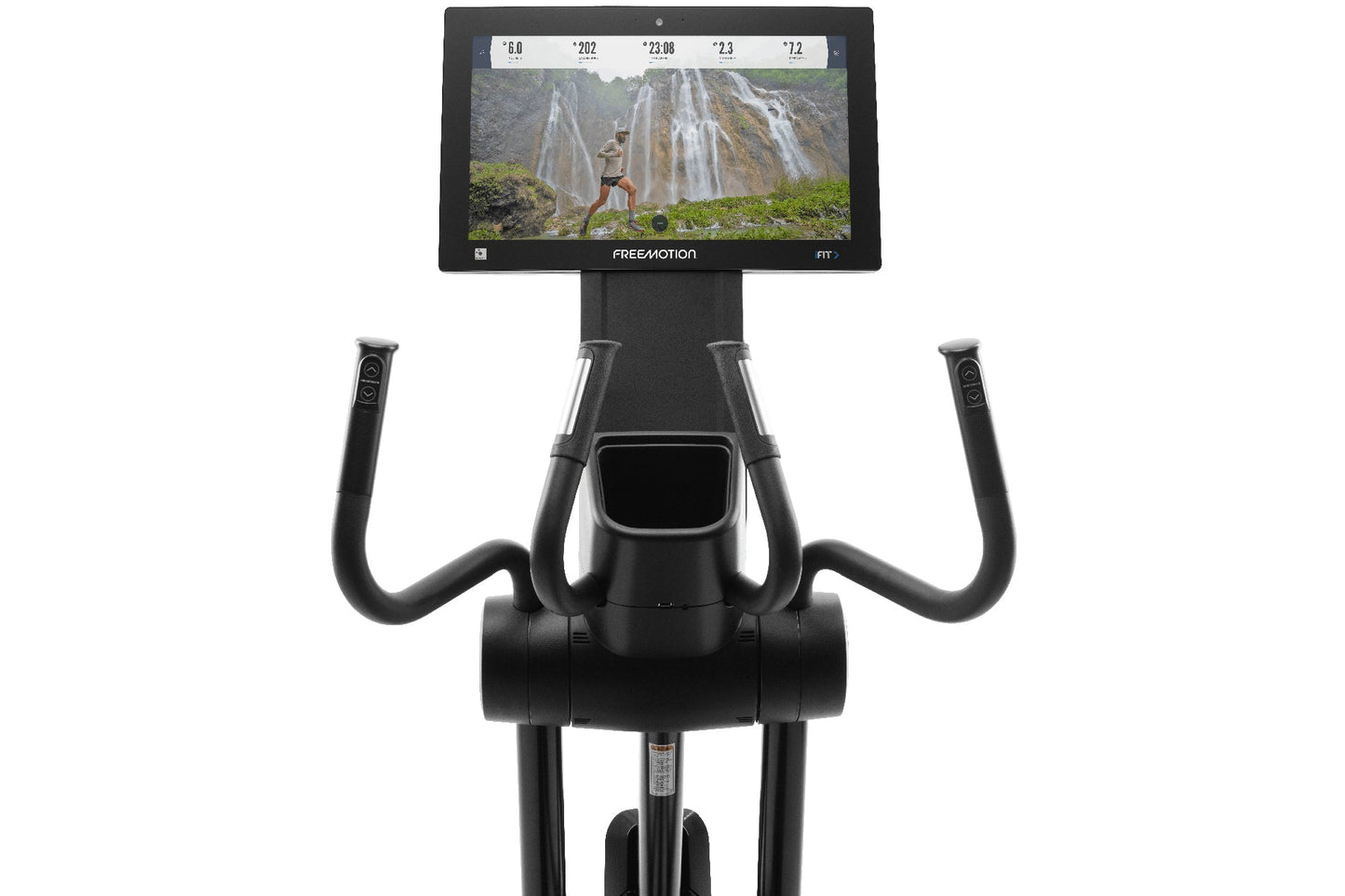 Black Freemotion elliptical with curved handles, digital display screen showing fitness metrics and video content, on white b