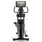 Black and silver upright exercise bike with curved handlebars and digital display screen showing outdoor scenery, front view 