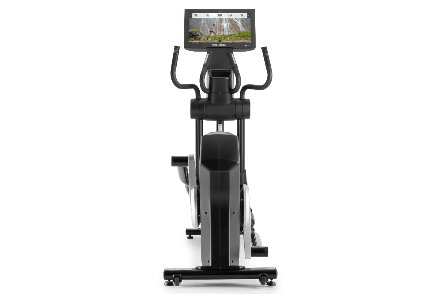 Black and silver upright exercise bike with curved handlebars and digital display screen showing outdoor scenery, front view 