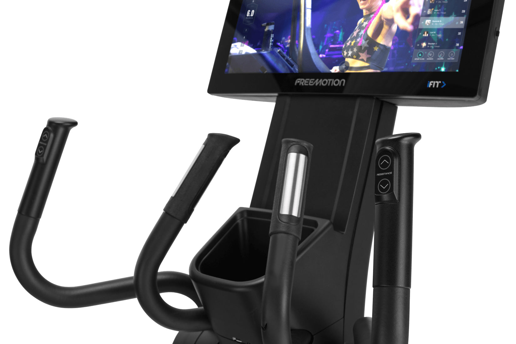 Black Freemotion e22.9 elliptical machine with curved handles, digital display screen showing workout content, and resistance