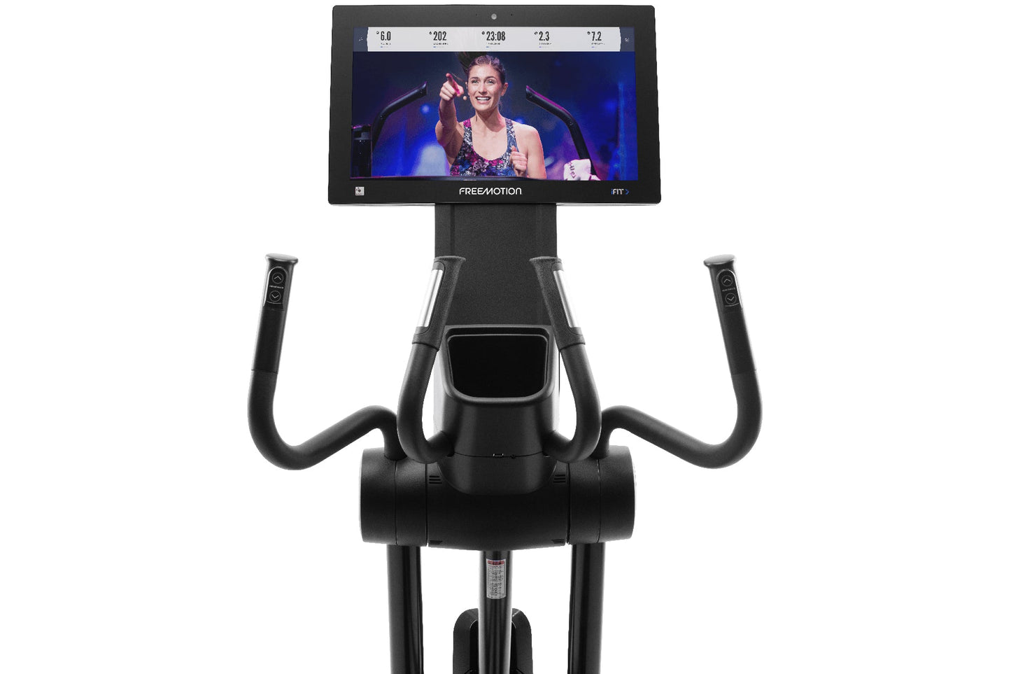 Black FreeMotion e22.9 elliptical with dual curved handles, console display showing workout metrics, front view on white back