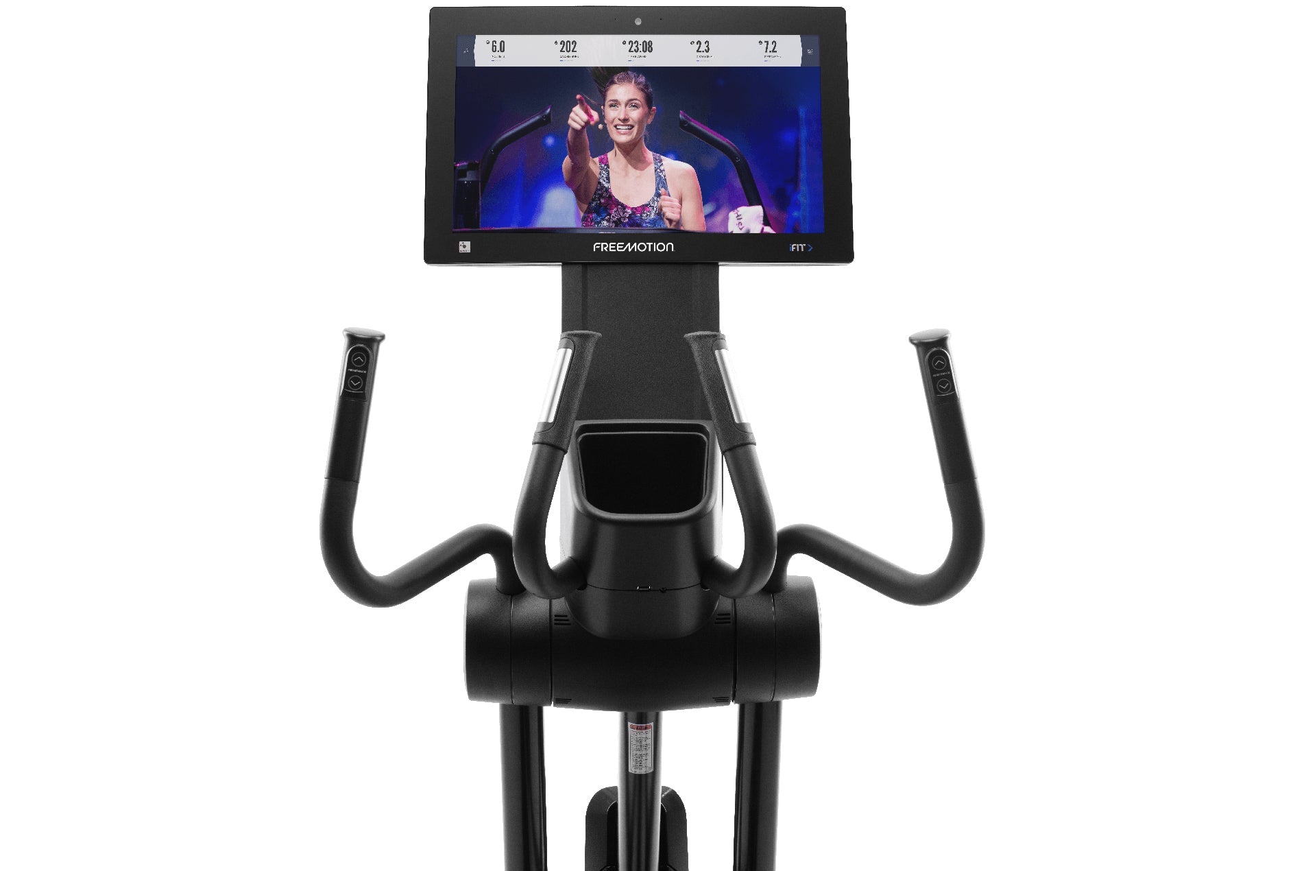 Black FreeMotion e22.9 elliptical with dual curved handles, console display showing workout metrics, front view on white back