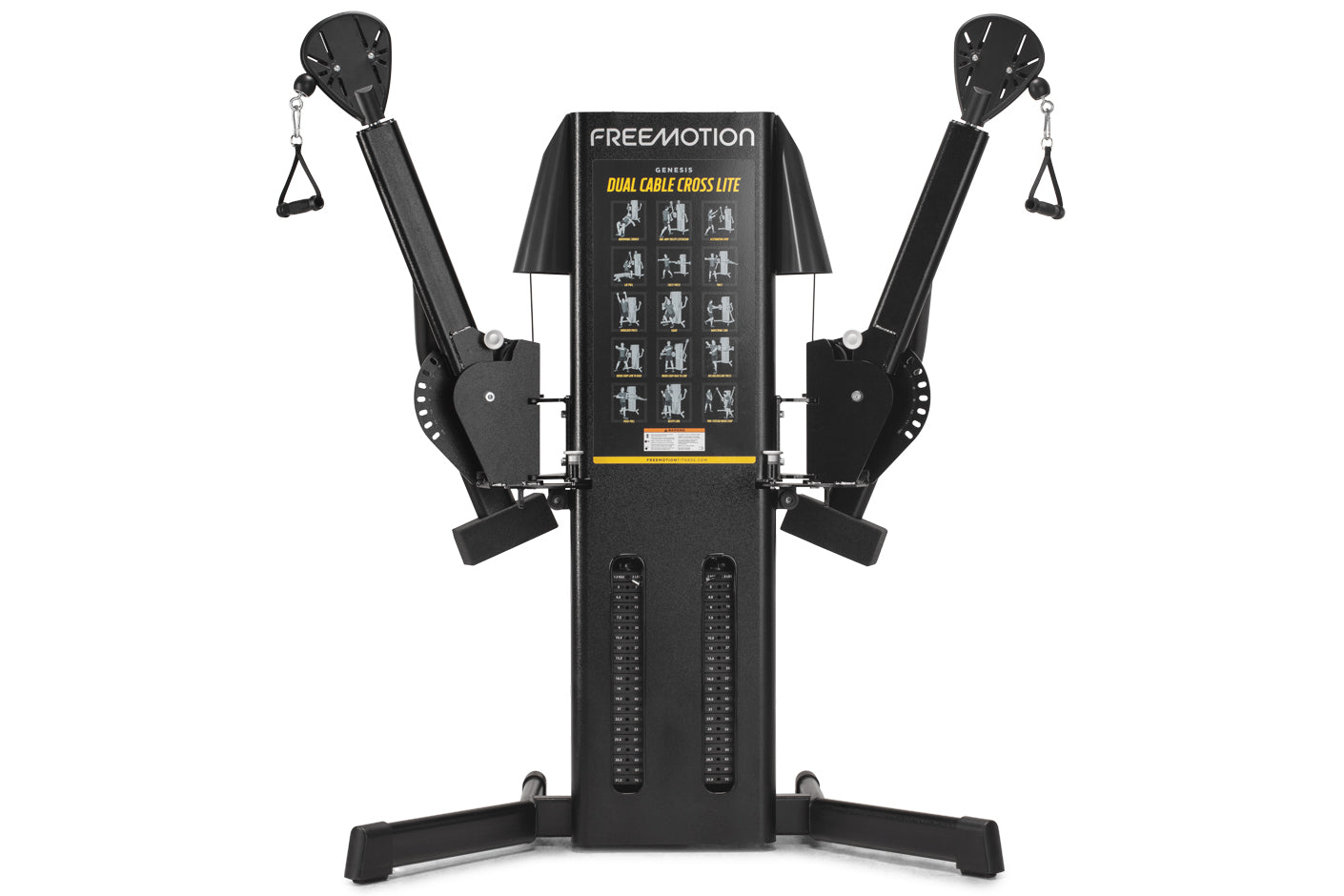 Freemotion G424 Dual Cable Cross Lite black strength training machine with dual adjustable arms and instruction chart on whit