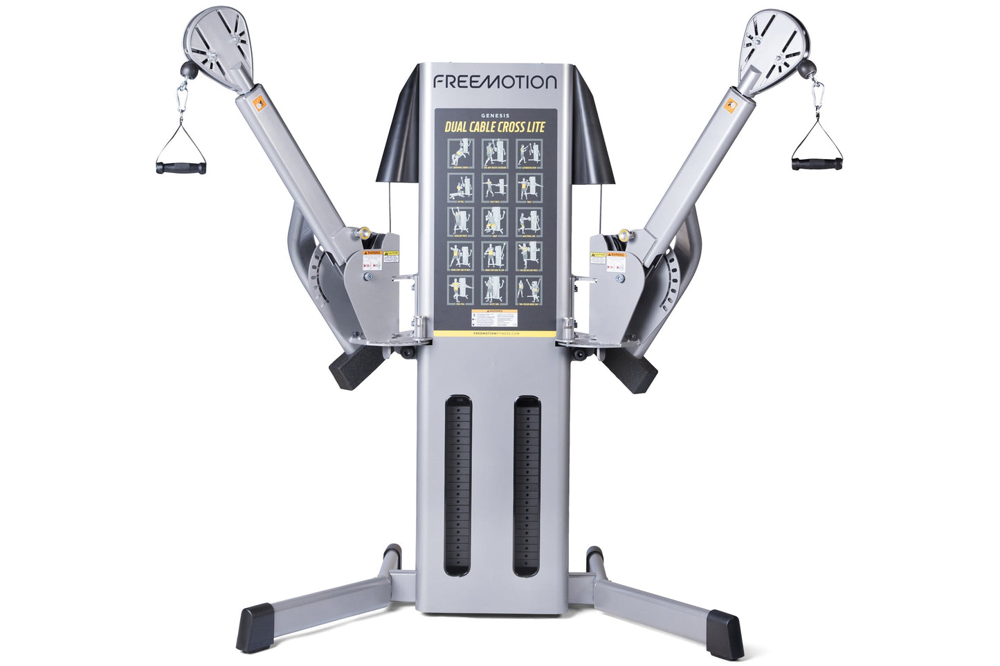 Freemotion Genesis Dual Cable Cross Lite machine with gray frame, dual adjustable arms with handles, and instruction chart on